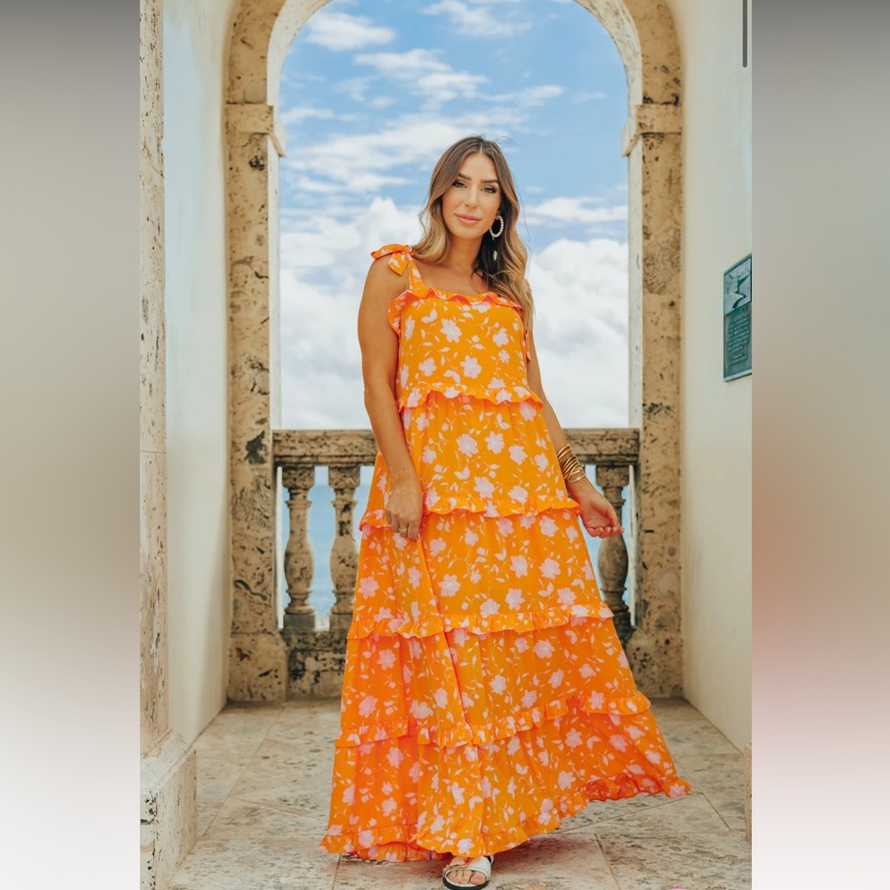 BuddyLove, Orange and Pink, LIBBY TIE-SHOULDER MAXI DRESS, Size Medium